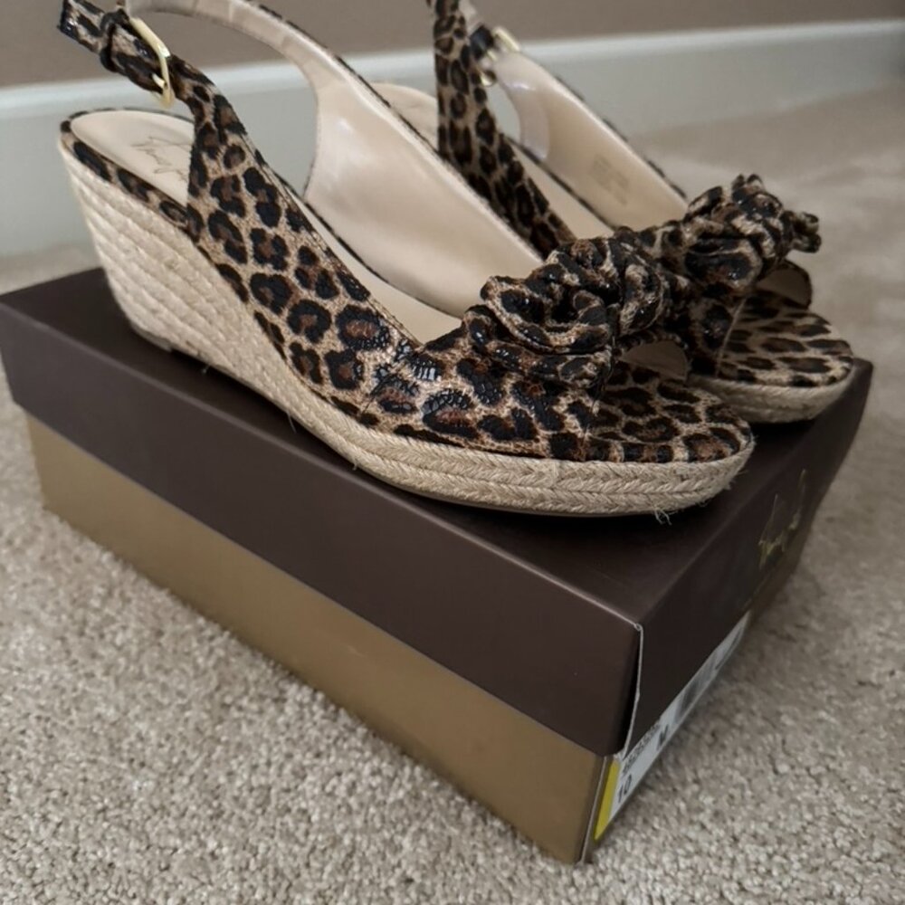 Franco Sarto A-Camino Brown Leopard Wedges - Espadrilles with Bow, Size 10